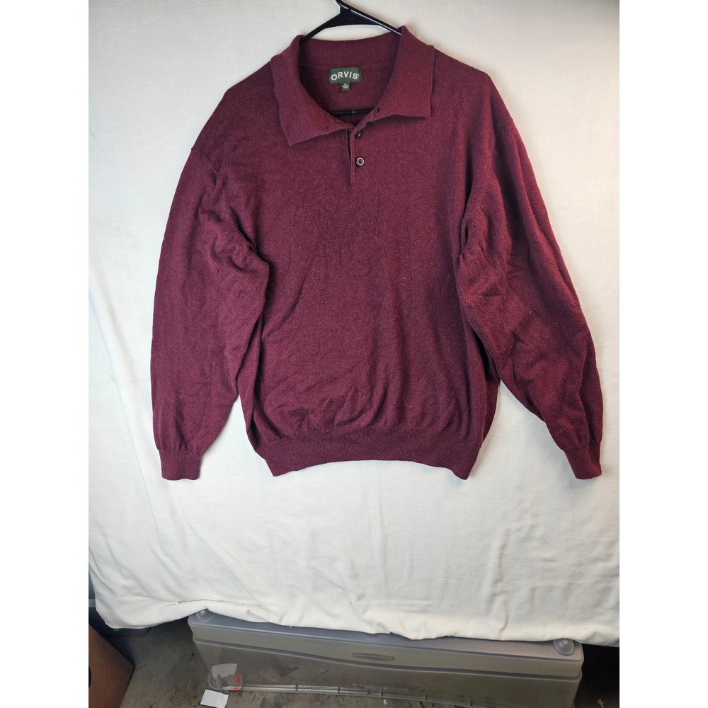 Orvis Mens XL Burgundy Heather Long Sleeve Polo Sweater Button Neck Knit